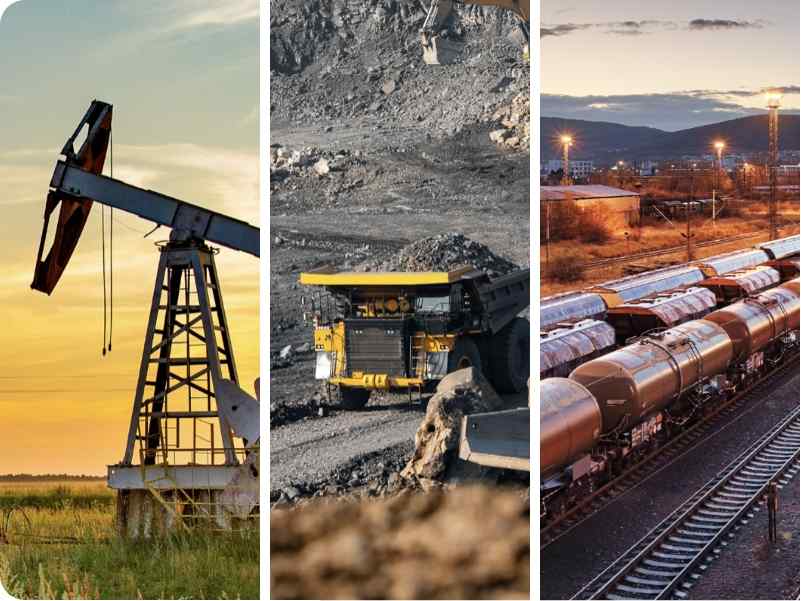 collage of three photos including an oil rig, yellow dump truck and railyard at dusk