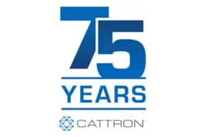 logo du 75e anniversaire de cattron en bleu et gris